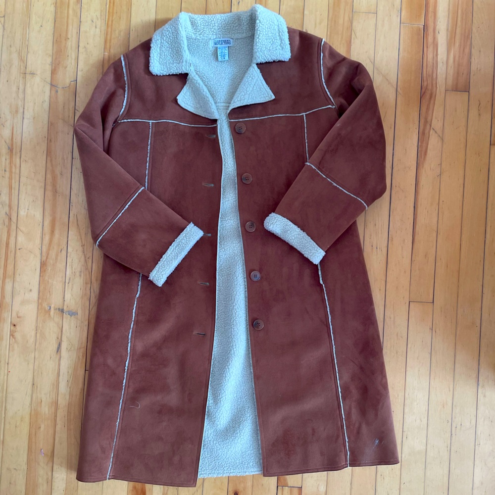 Suede, Sherpa lined long northern reflections coat